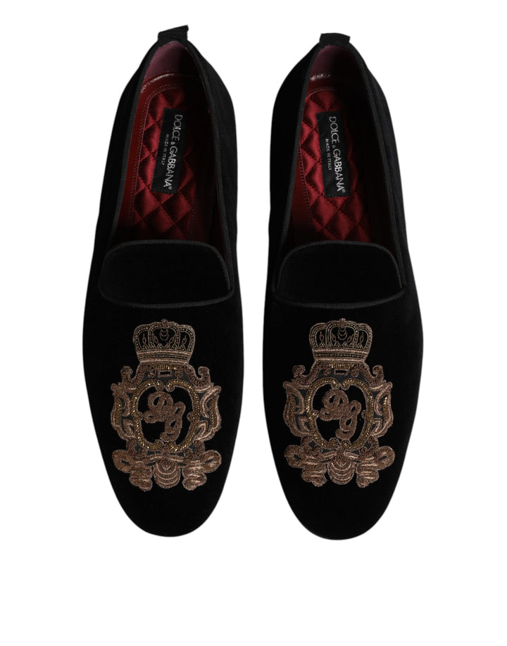 Dolce &amp; Gabbana Black Velvet Gold Crown Mens Loafers Shoes