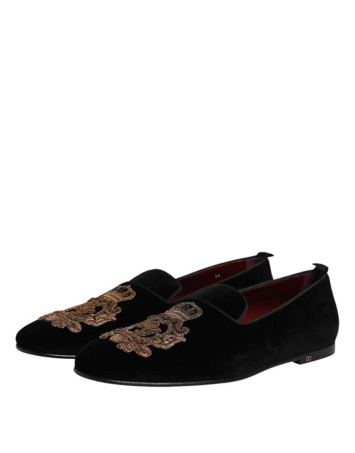 Dolce &amp; Gabbana Black Velvet Gold Crown Mens Loafers Shoes