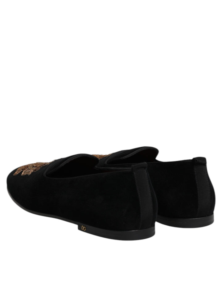 Dolce &amp; Gabbana Black Velvet Gold Crown Mens Loafers Shoes