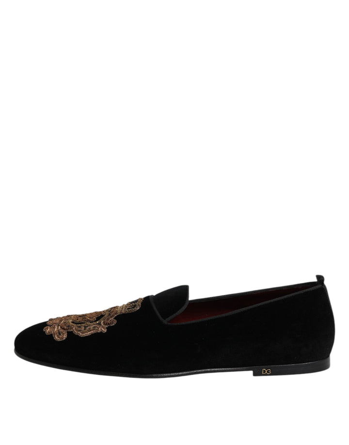Dolce &amp; Gabbana Black Velvet Gold Crown Mens Loafers Shoes
