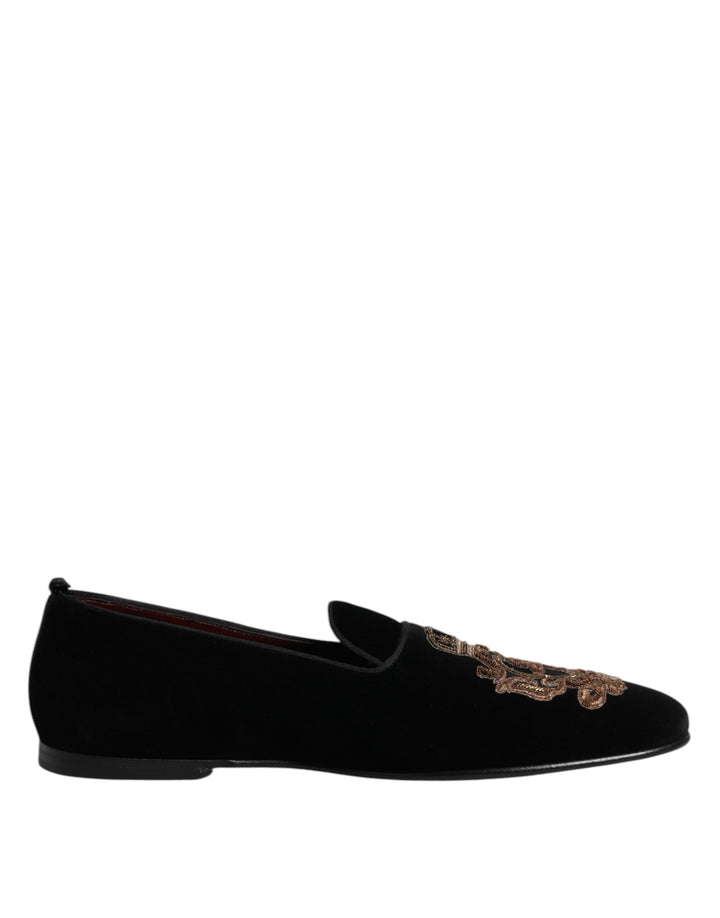 Dolce &amp; Gabbana Black Velvet Gold Crown Mens Loafers Shoes