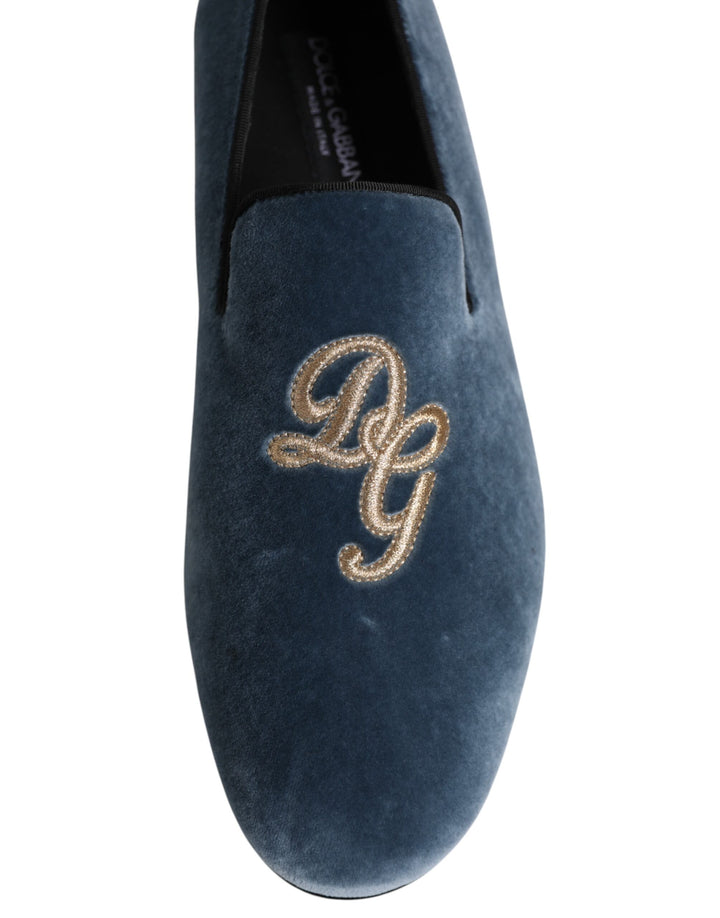 Dolce &amp; Gabbana Blue Velvet DG Logo Loafers Formal Shoes