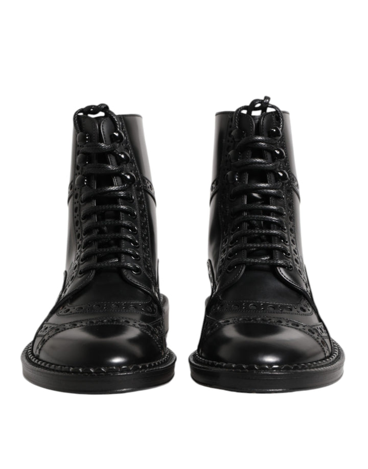 Dolce &amp; Gabbana Black Leather Lace Up Mid Calf Boots Shoes