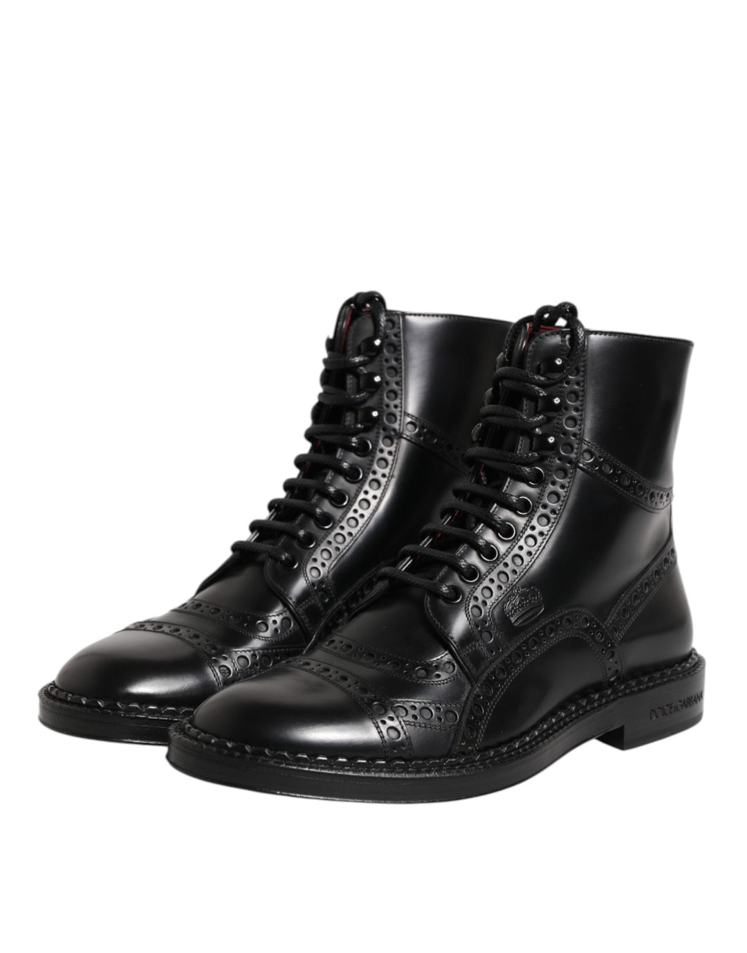 Dolce &amp; Gabbana Black Leather Lace Up Mid Calf Boots Shoes