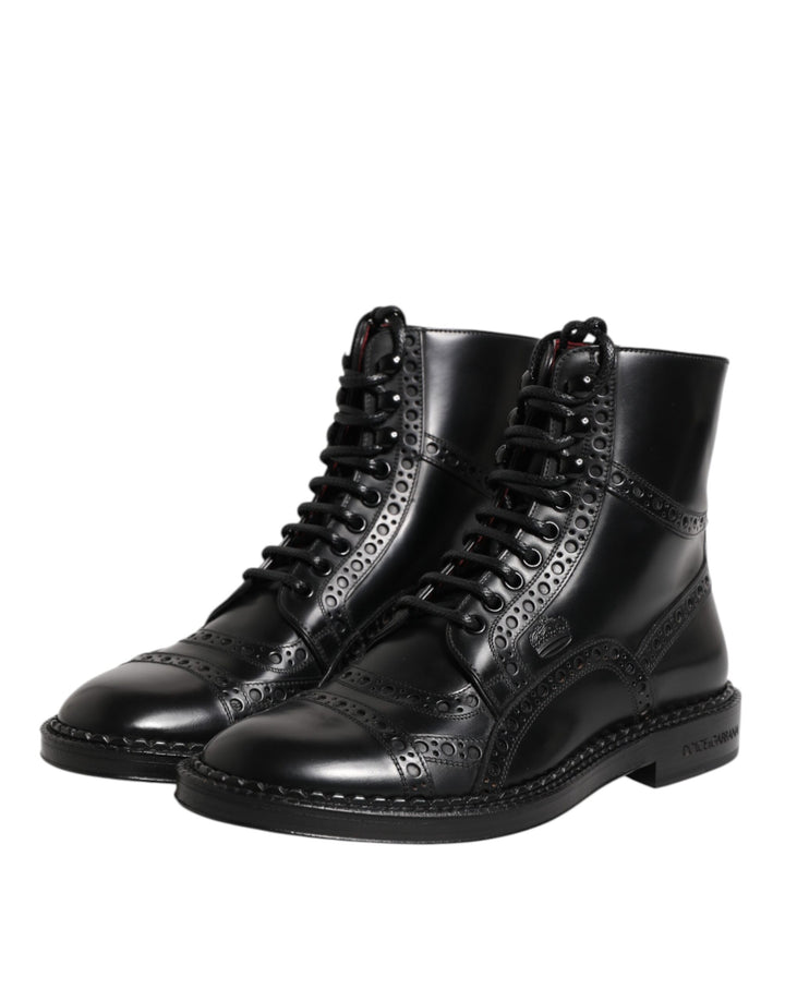 Dolce &amp; Gabbana Black Leather Lace Up Mid Calf Boots Shoes