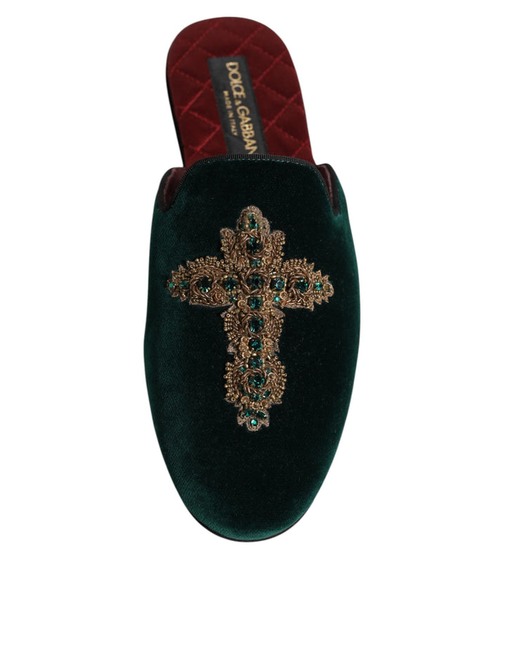Dolce &amp; Gabbana Green Velvet Cross Embellished Slippers Shoes