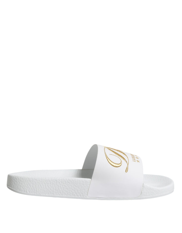 Dolce &amp; Gabbana White Leather Slides Sandals Beachwear Shoes