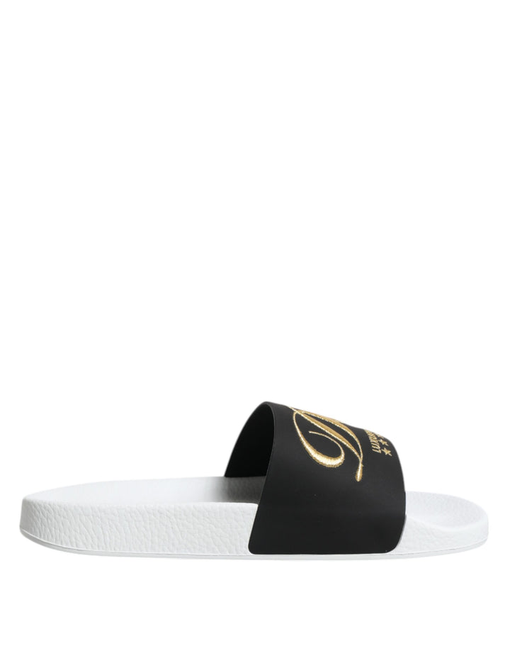 Dolce &amp; Gabbana White Black Leather Sandals Beachwear Shoes