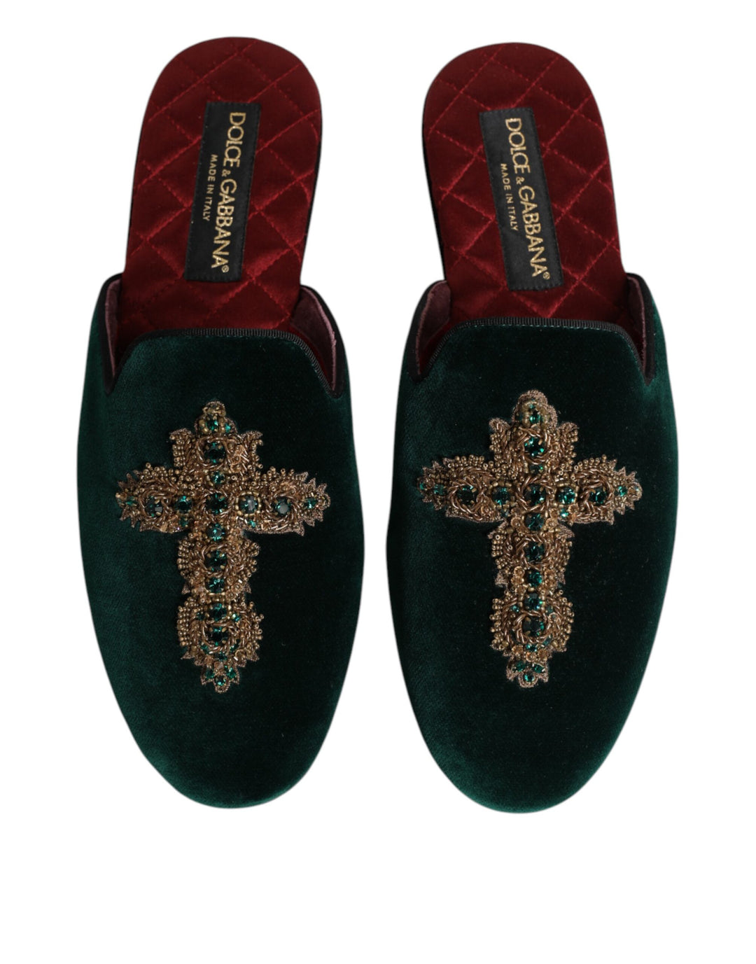 Dolce &amp; Gabbana Green Velvet Cross Embellished Slippers Shoes