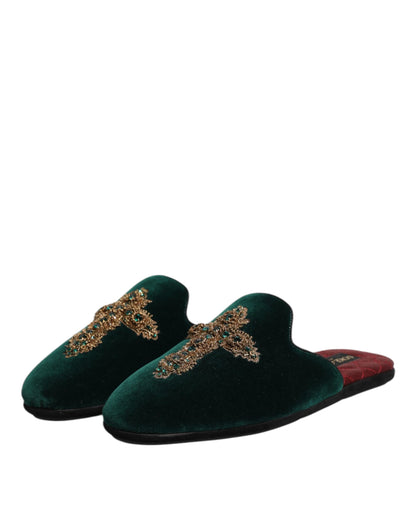 Dolce & Gabbana Green Velvet Cross Embellished Slippers Shoes