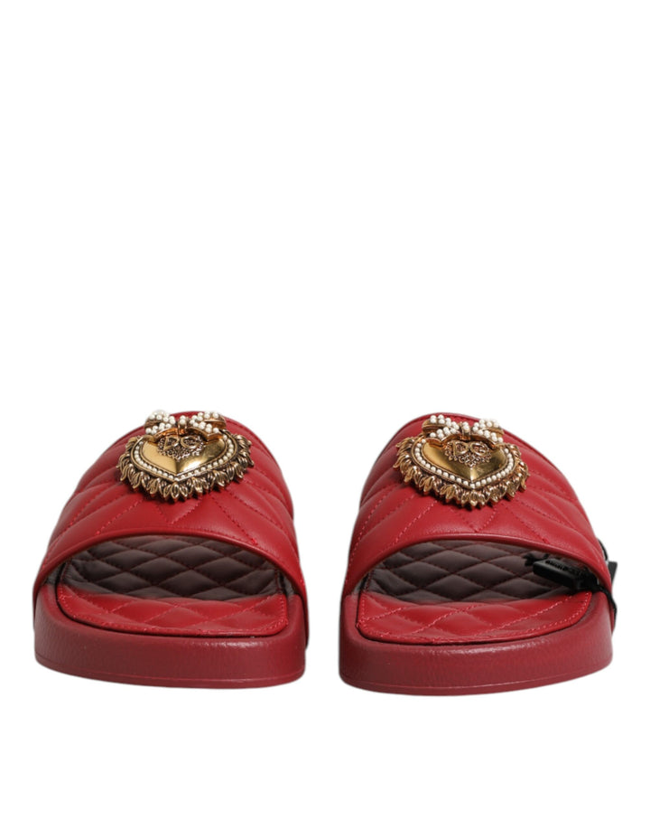 Dolce &amp; Gabbana Red Devotion Matelassé Leather Slides Shoes