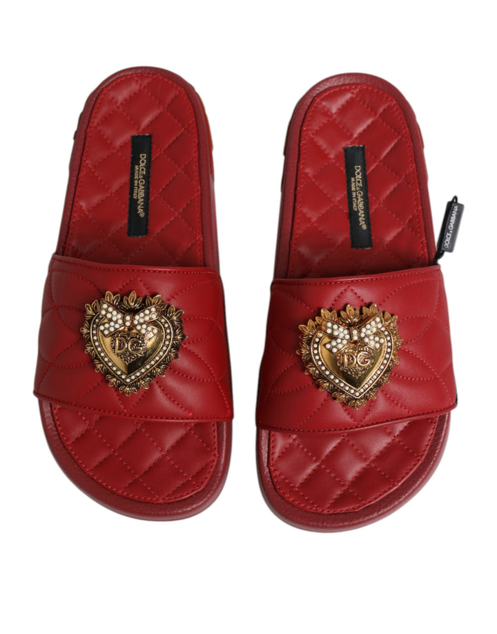 Dolce &amp; Gabbana Red Devotion Matelassé Leather Slides Shoes