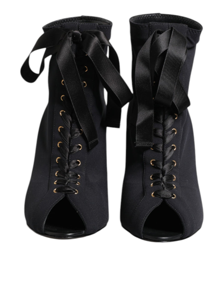 Dolce &amp; Gabbana Black Stiletto Heels Lace Up Boots Shoes