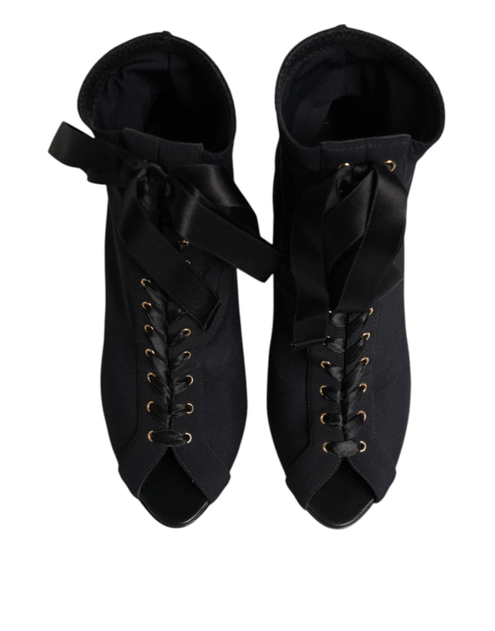 Dolce &amp; Gabbana Black Stiletto Heels Lace Up Boots Shoes
