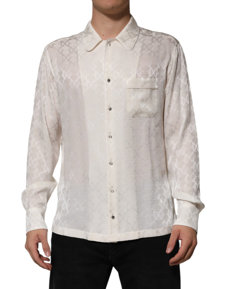 Dolce & Gabbana White Silk DG Logo Print Long Sleeves Shirt