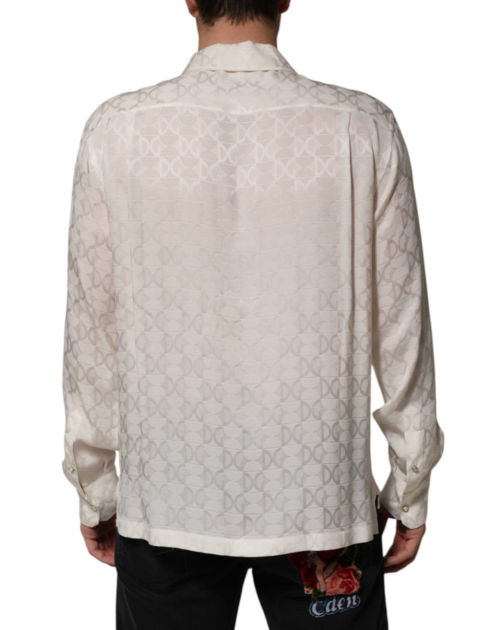 Dolce & Gabbana White Silk DG Logo Print Long Sleeves Shirt