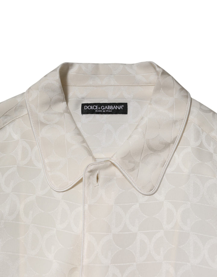 Dolce & Gabbana White Silk DG Logo Print Long Sleeves Shirt