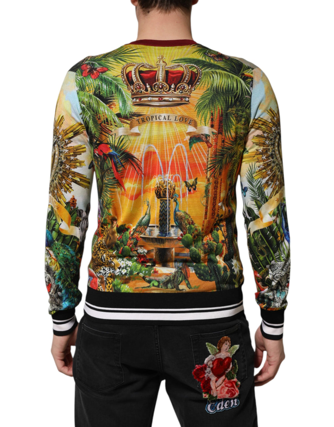 Dolce &amp; Gabbana Tropical Heart Crown Silk Pullover Sweater