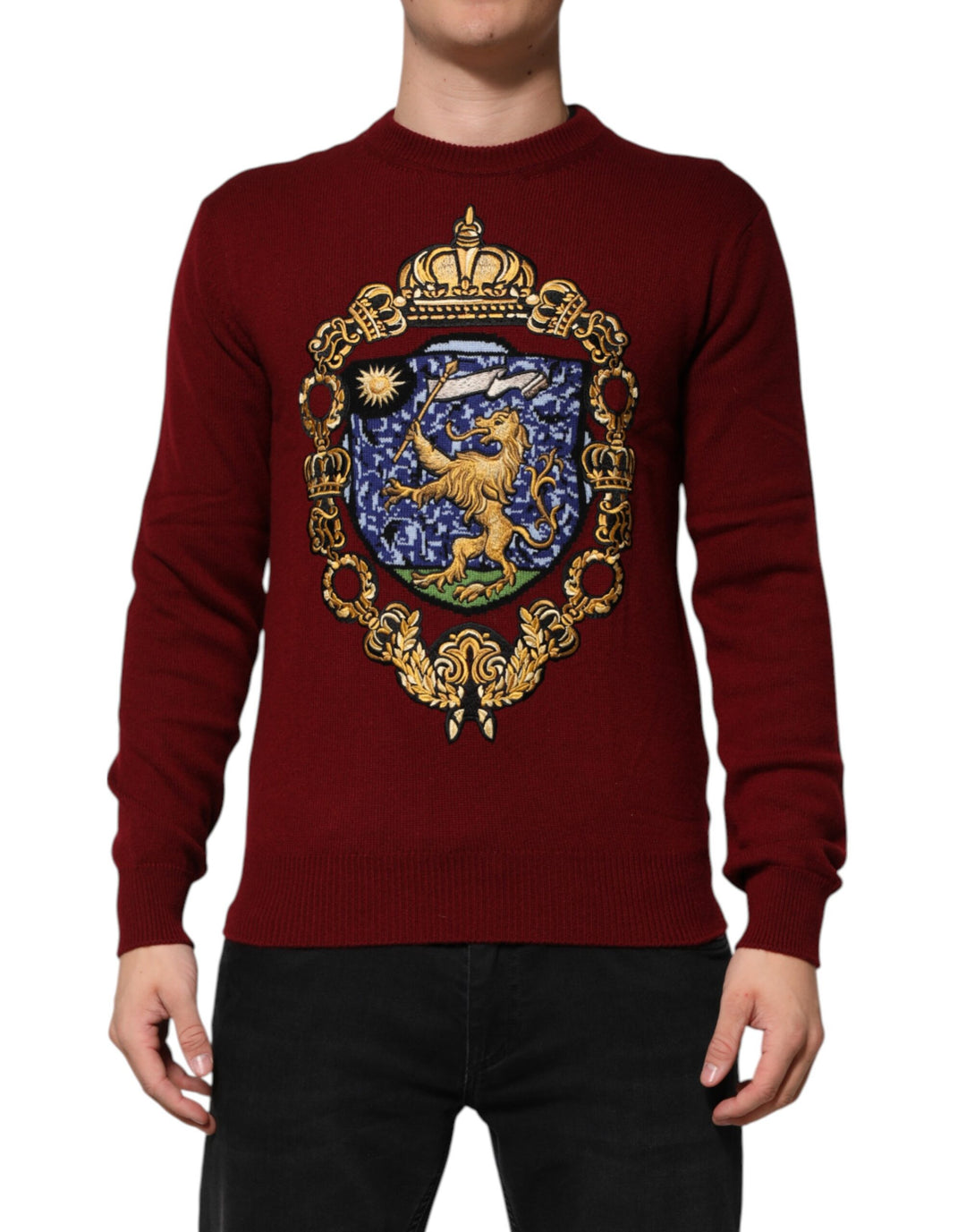 Dolce &amp; Gabbana Burgundy Cashmere Lion Crest Pullover Sweater