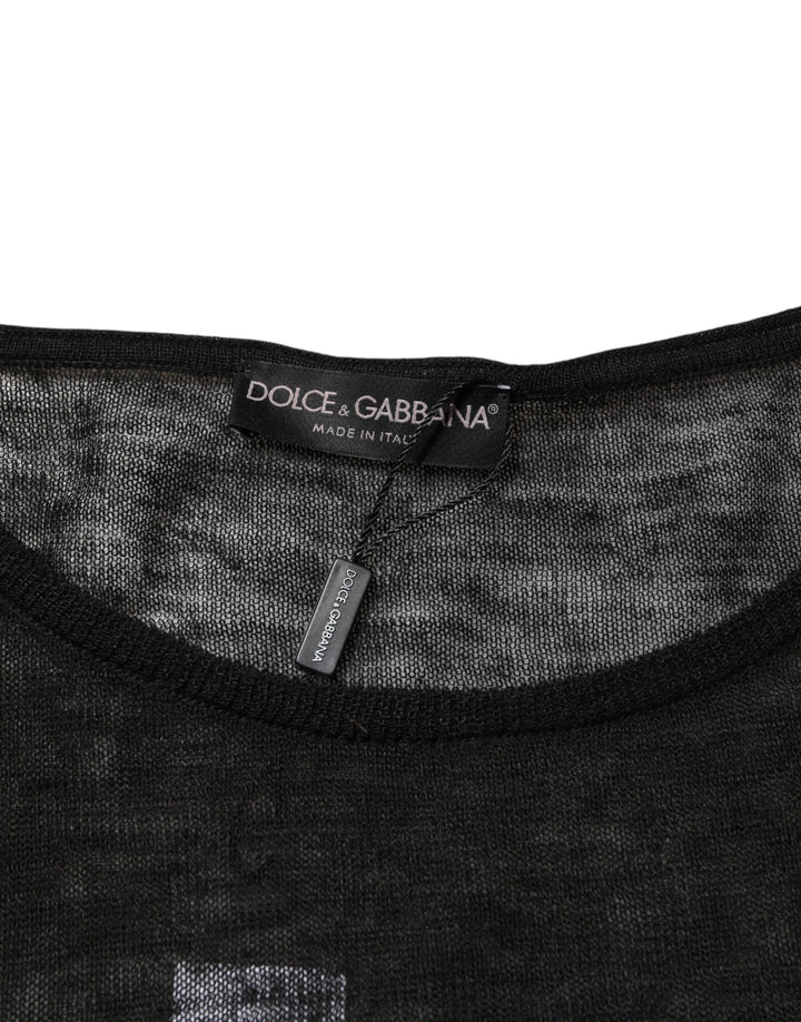 Dolce &amp; Gabbana Black Linen Mesh Tattered Longsleeves T-shirt