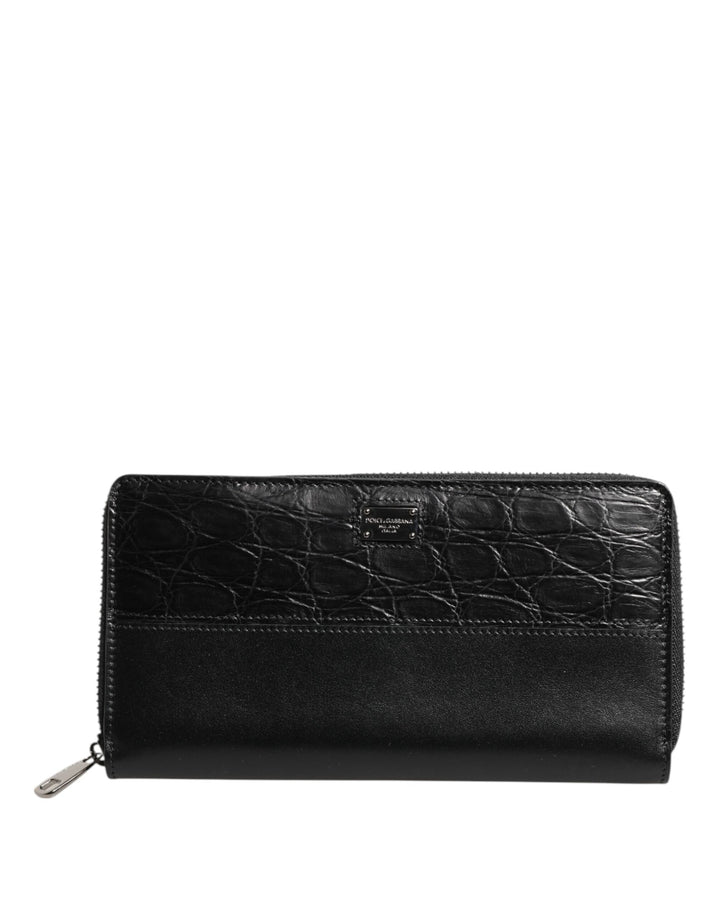 Dolce &amp; Gabbana Black Leather Logo Plaque Zip Around Continental Wallet