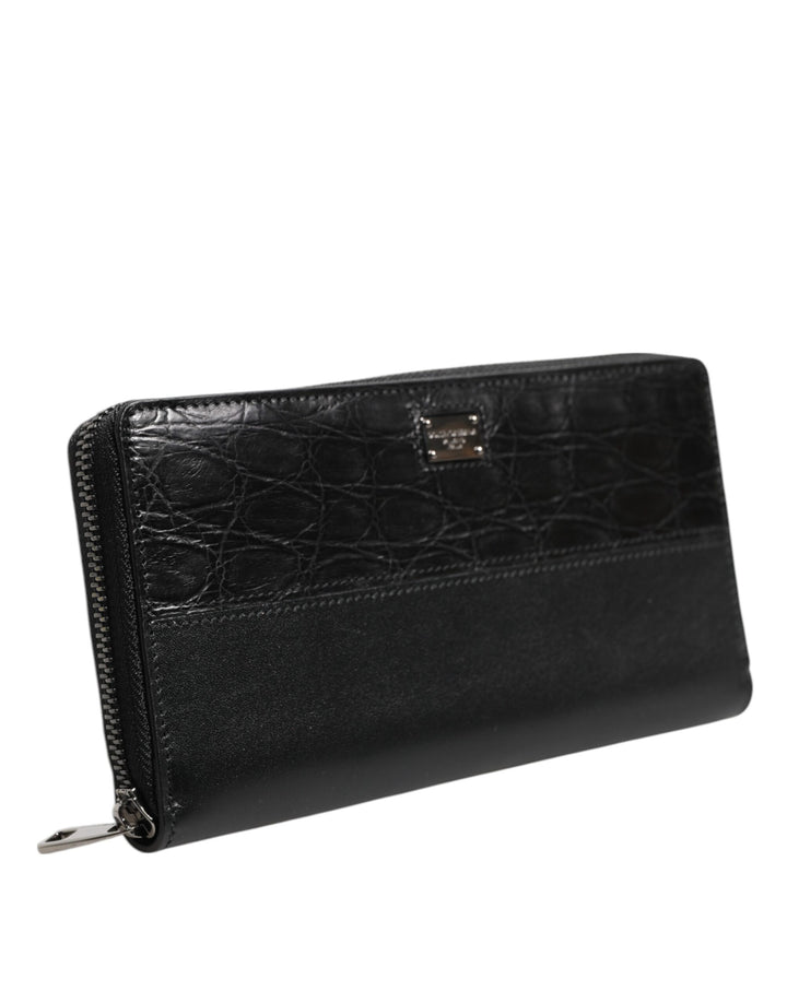 Dolce &amp; Gabbana Black Leather Logo Plaque Zip Around Continental Wallet