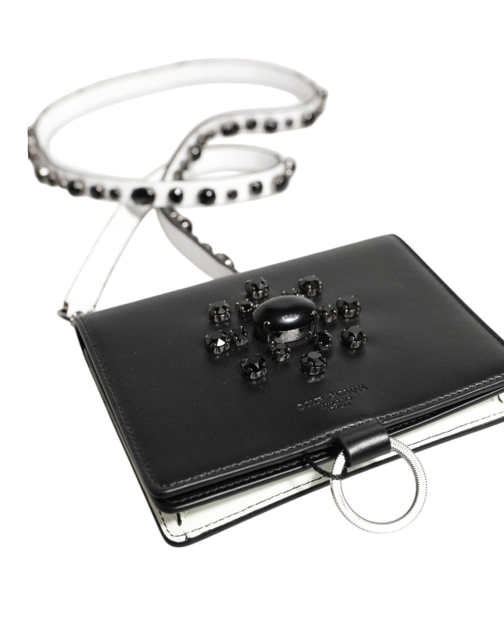 Dolce &amp; Gabbana Black Leather Crystal Embellished Card Holder Wallet