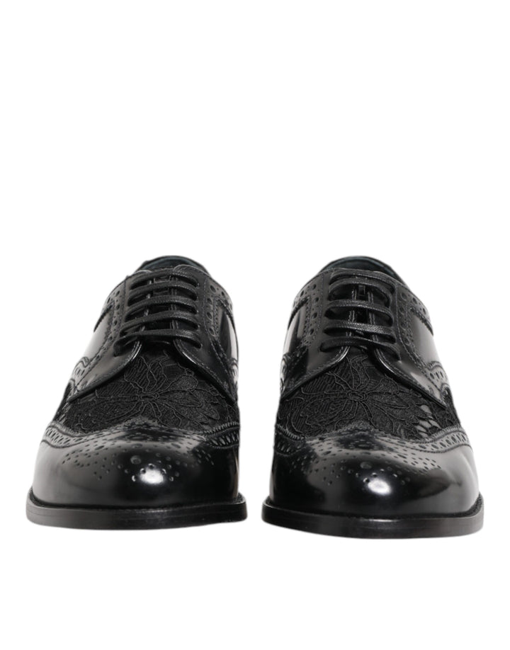 Dolce &amp; Gabbana Black Leather Floral Lace Dress Formal  Shoes