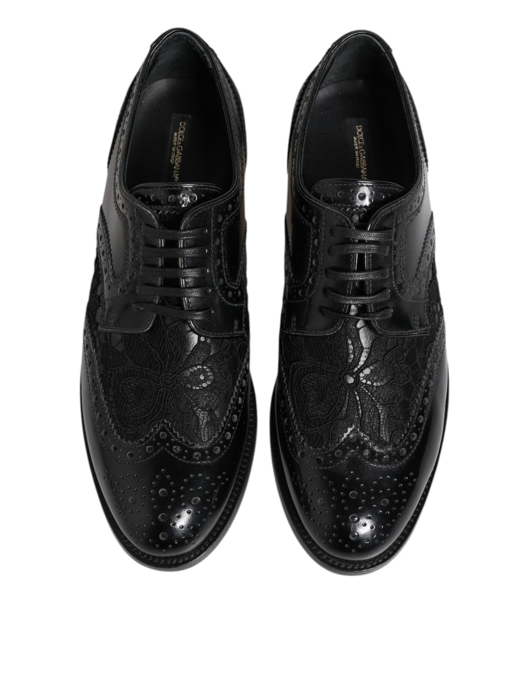Dolce &amp; Gabbana Black Leather Floral Lace Dress Formal  Shoes