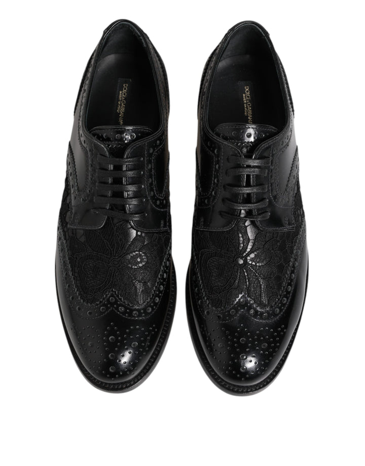 Dolce &amp; Gabbana Black Leather Floral Lace Dress Formal  Shoes