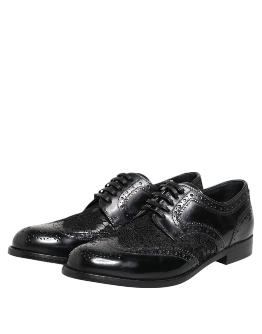 Dolce &amp; Gabbana Black Leather Floral Lace Dress Formal  Shoes