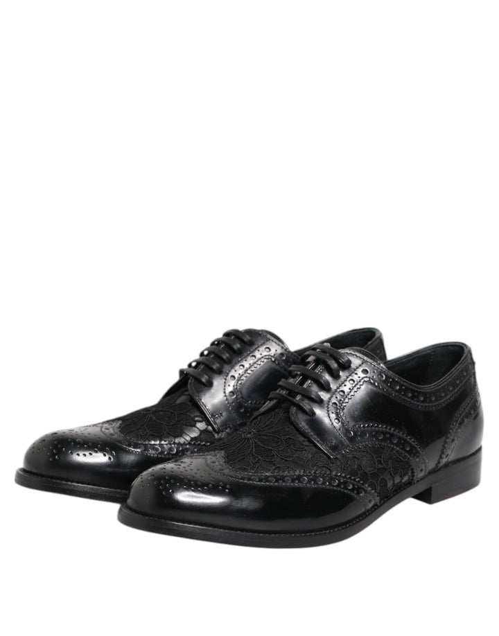 Dolce &amp; Gabbana Black Leather Floral Lace Dress Formal  Shoes