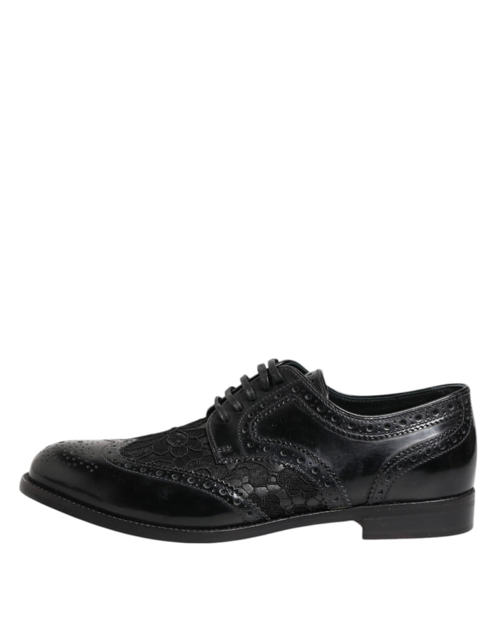 Dolce &amp; Gabbana Black Leather Floral Lace Dress Formal  Shoes
