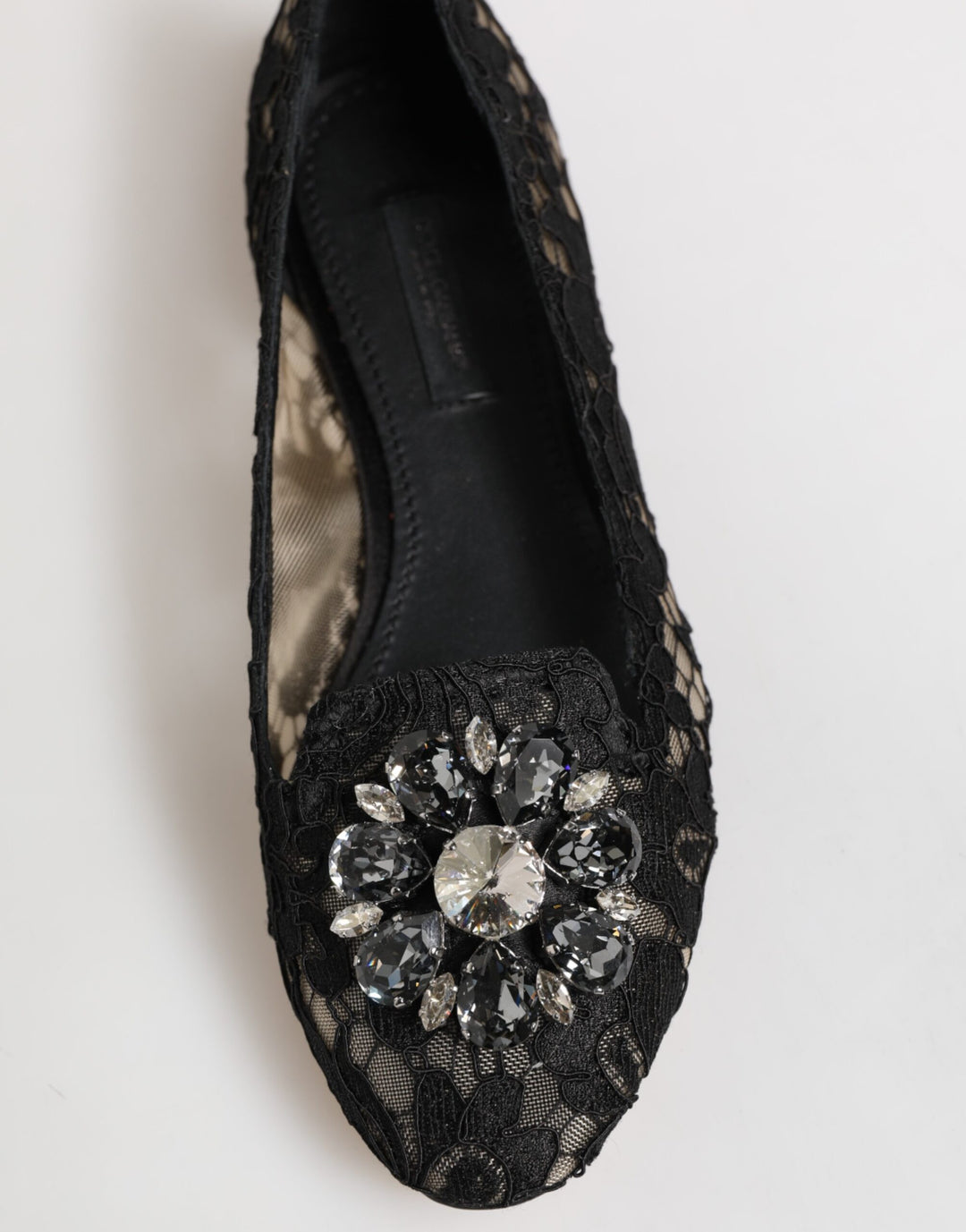 Dolce &amp; Gabbana Black Taormina Lace Crystals Flats Shoes