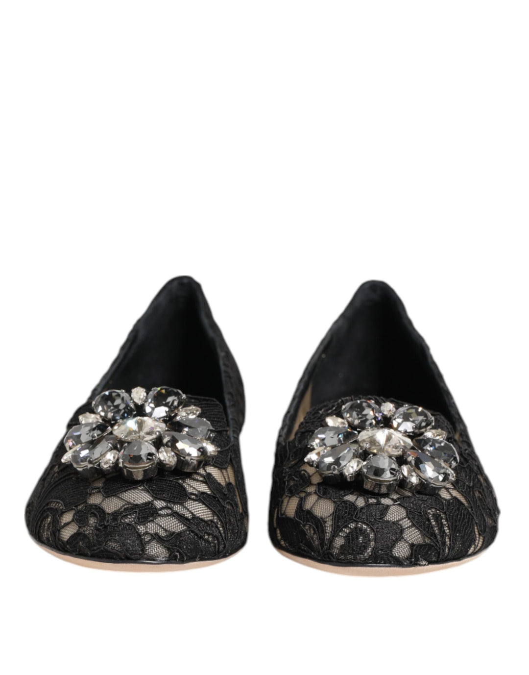 Dolce &amp; Gabbana Black Taormina Lace Crystals Flats Shoes