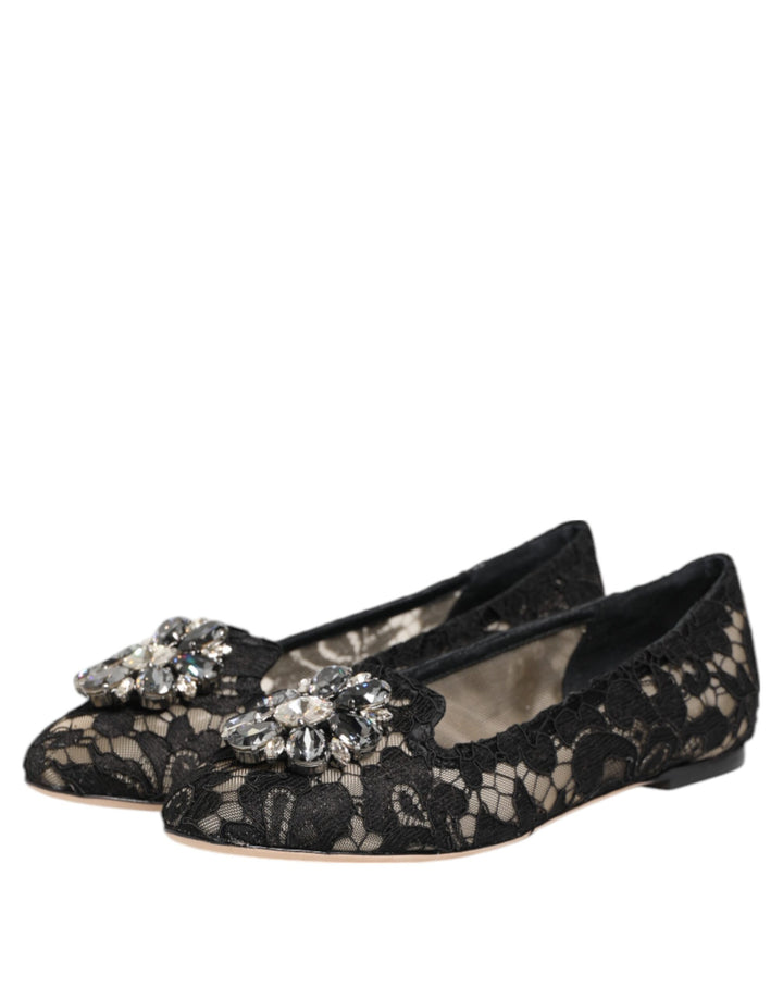 Dolce &amp; Gabbana Black Taormina Lace Crystals Flats Shoes