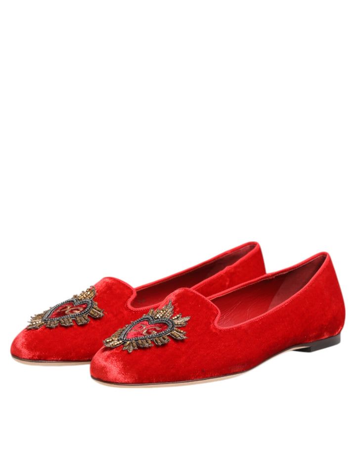 Dolce &amp; Gabbana Red Velvet DG Heart Loafers Flats Shoes