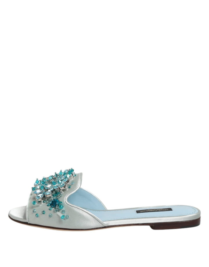 Dolce &amp; Gabbana Silver Blue Leather Bead Embellish Slide Shoes