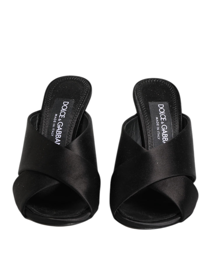Dolce &amp; Gabbana Black Logo KEIRA Satin Slides Sandals Shoes