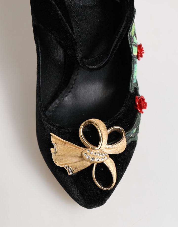 Dolce &amp; Gabbana Black Roses Crystal Brooch Mary Jane Shoes