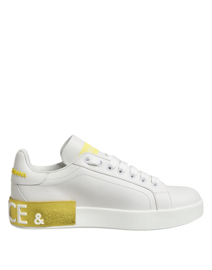 Dolce &amp; Gabbana White Yellow Leather Low Top Sneakers Shoes