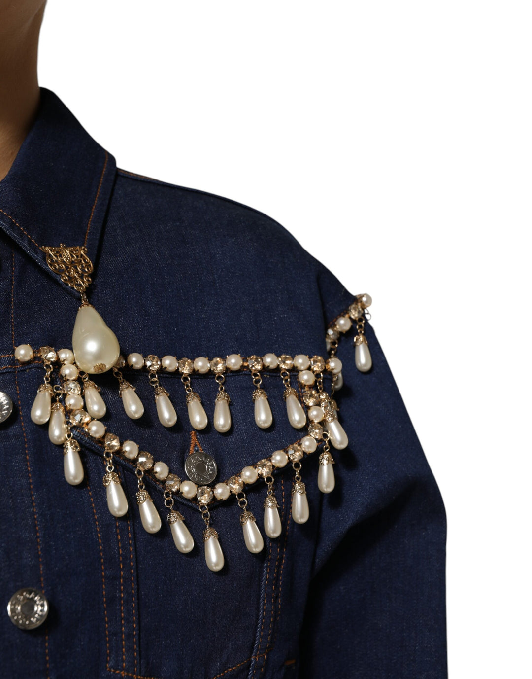 Dolce &amp; Gabbana Blue Cotton Denim Crystal Embellished Jacket