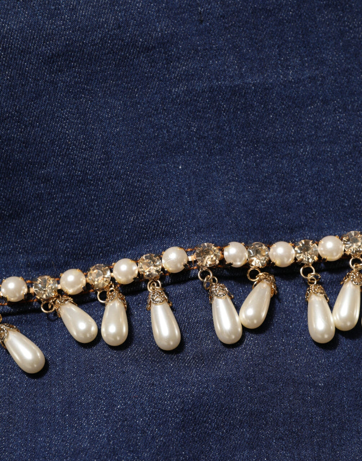 Dolce &amp; Gabbana Blue Cotton Denim Crystal Embellished Jacket