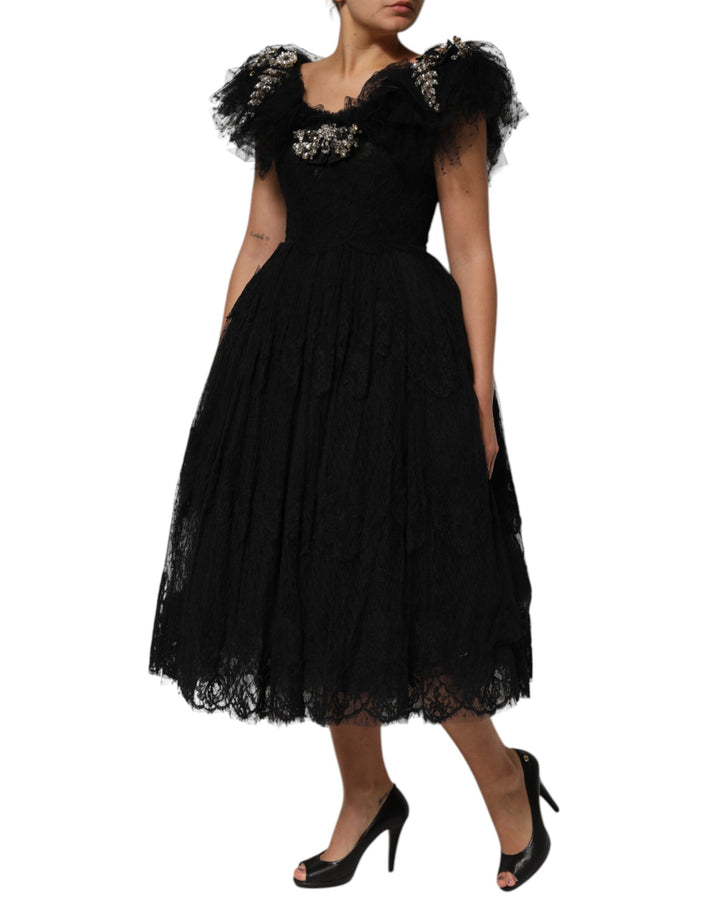 Dolce &amp; Gabbana Black Crystal Embellished Midi A-line Dress