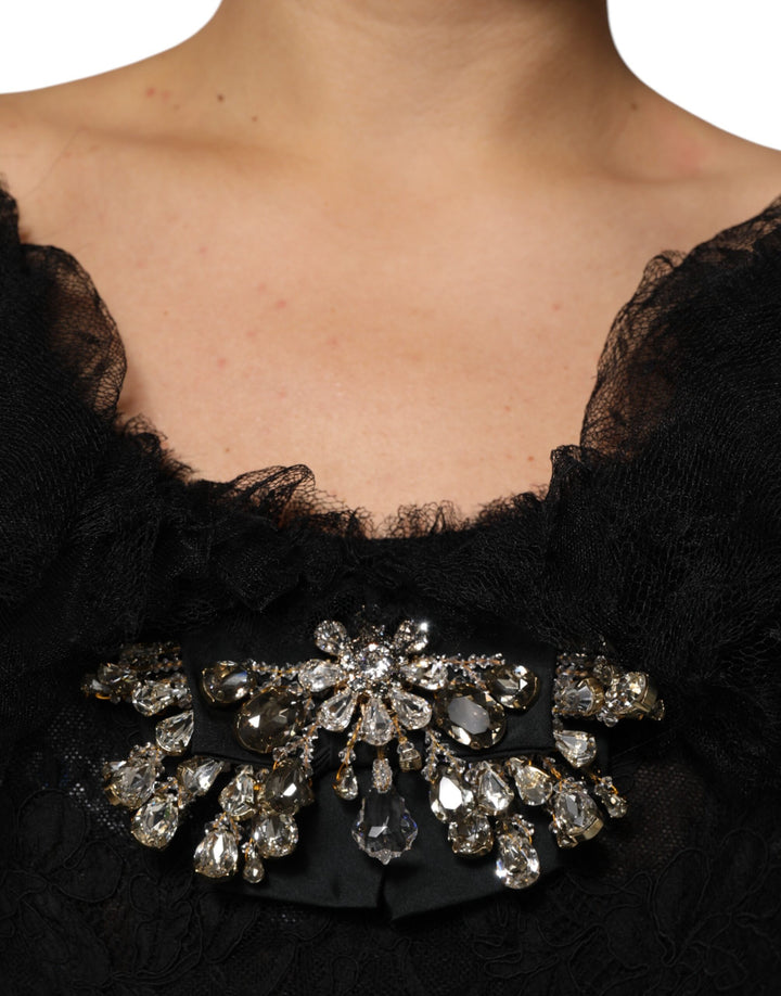 Dolce &amp; Gabbana Black Crystal Embellished Midi A-line Dress