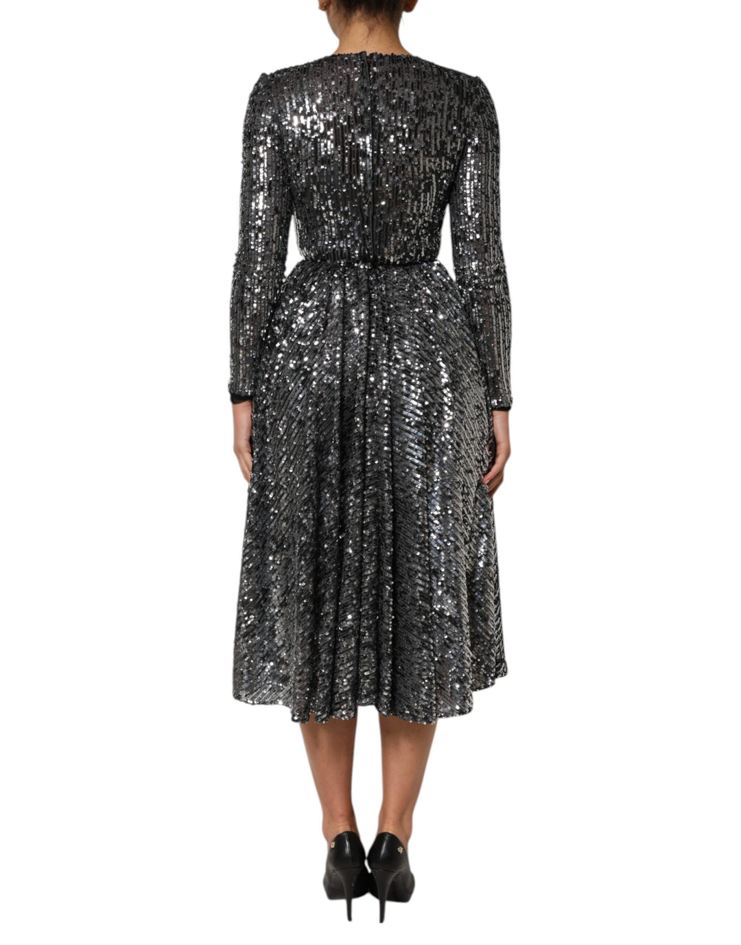 Dolce &amp; Gabbana Black Sequined Long Sleeves Midi A-line  Dress