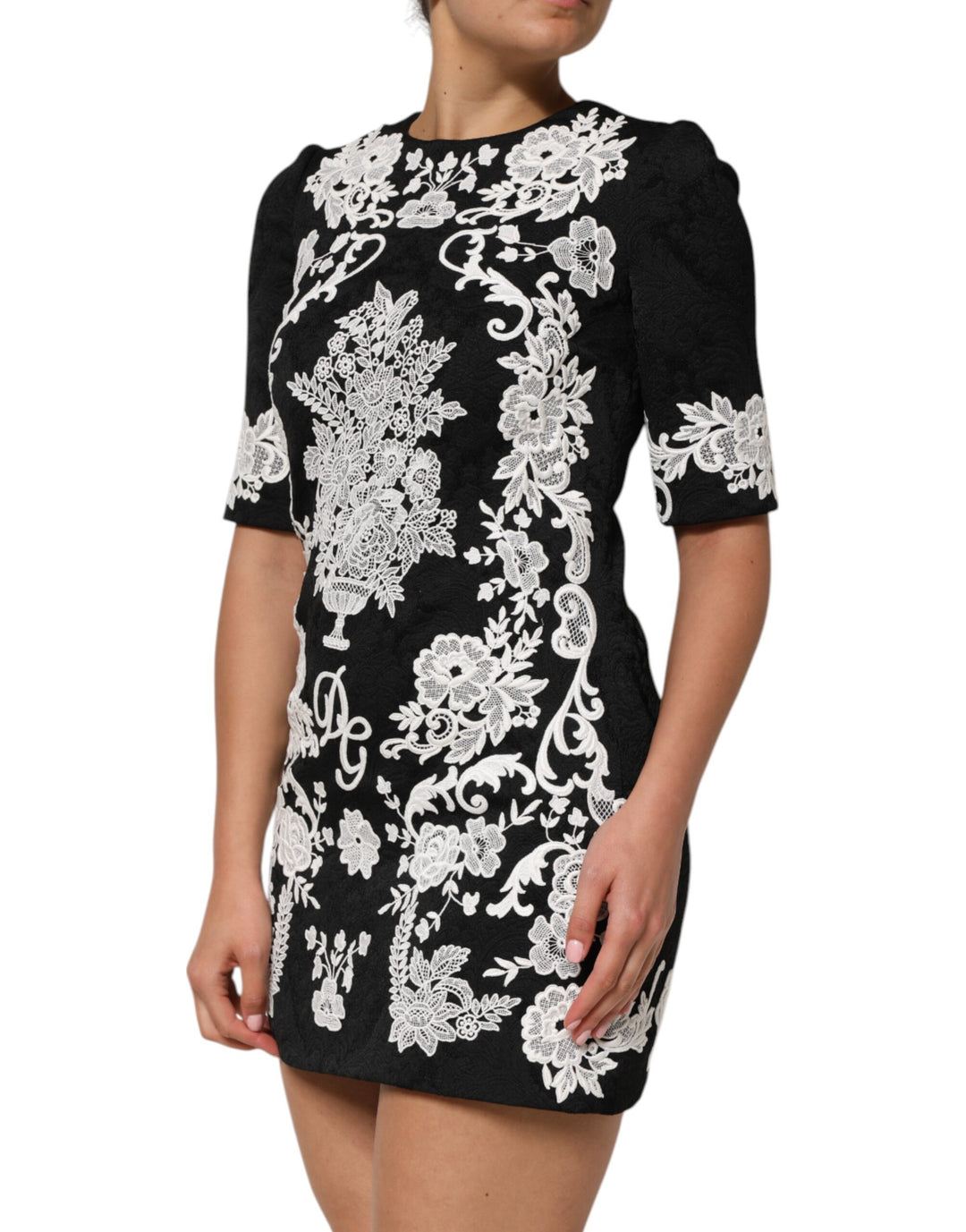 Dolce &amp; Gabbana Black Lace Trim Short Sleeves A-line Dress