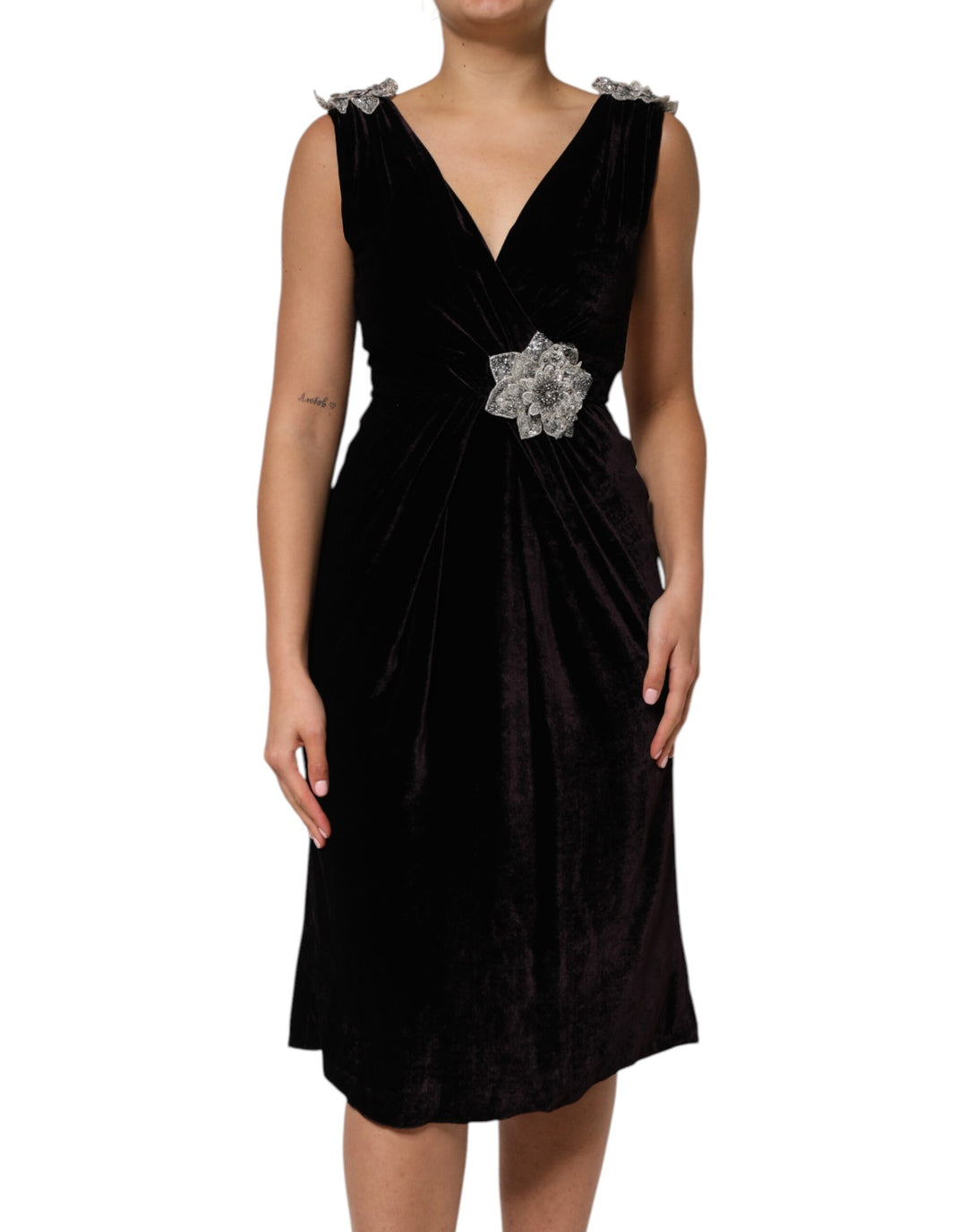 Dolce &amp; Gabbana Black Velvet Flower Embellishment Aline Dress