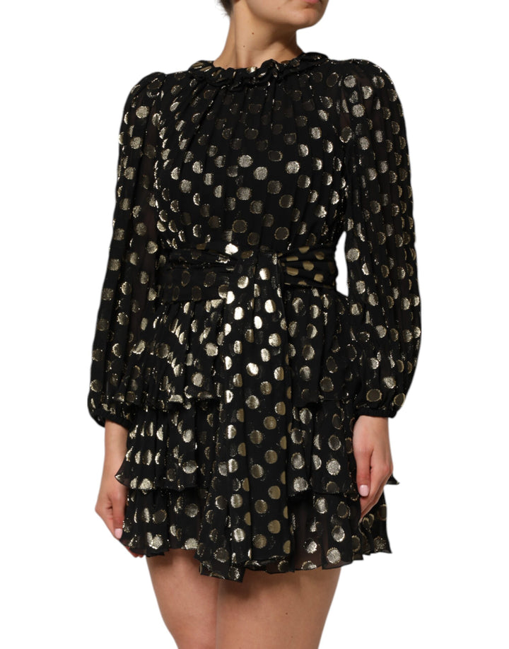 Dolce &amp; Gabbana Black Gold Polka Dot Silk Brocade Mini Dress
