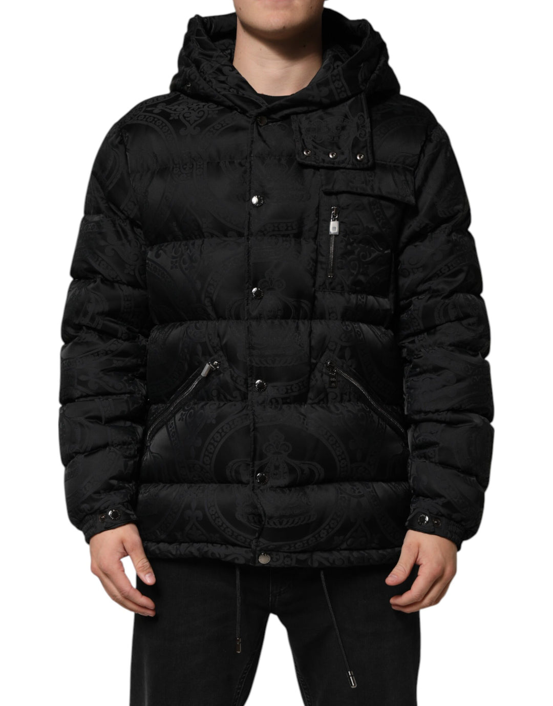 Dolce &amp; Gabbana Black Jacquard Quilted Puffer Hooded Jacket